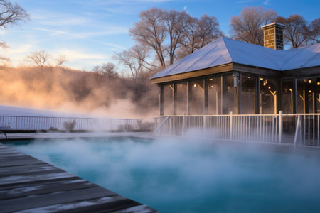 heated pool outdoors covered in steam due to cold, created with generative aiの素材