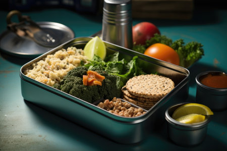lunchbox with a healthy meal on a canteen table, created with generative aiの素材