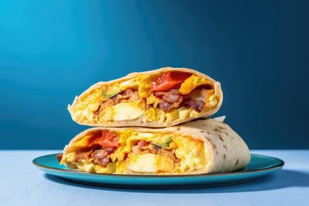 a cheesy breakfast wrap against a blue background, created with generative aiの素材