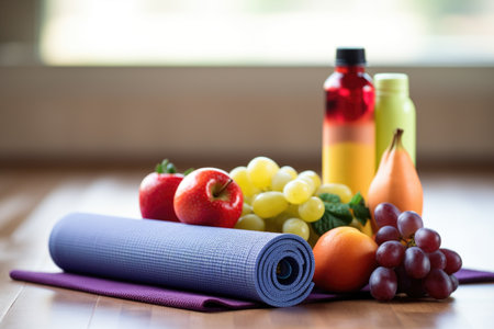 fresh fruit and a water bottle next to a rolled-up yoga mat, created with generative aiの素材