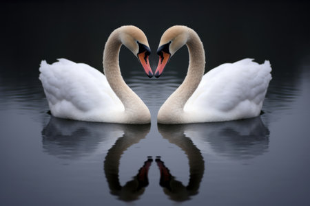close-up of two swans forming a heart shape with their necks, created with generative aiの素材