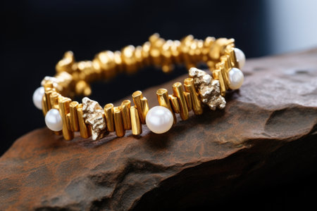 gold and pearl beaded bracelet showcased on a jagged rock, created with generative aiの素材