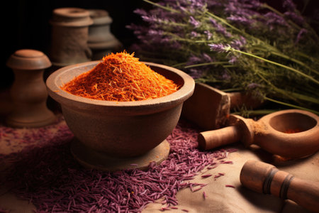 a close-up of a stone mortar and pestle grinding saffron threads, created with generative aiの素材