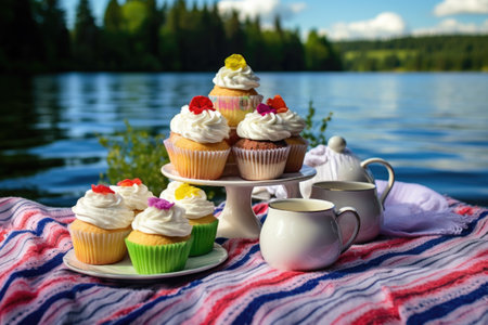a white teapot with colorful cupcakes on a picnic blanket near a lake, created with generative aiの素材