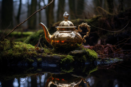 teapot on stump, forest reflected on its shiny surface, created with generative aiの素材