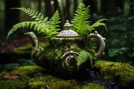 a ceramic teapot on a moss-covered stump, with ferns in the background, created with generative aiの素材