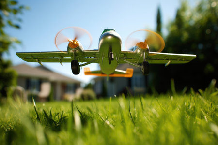 toy plane caught in mid-flight over a freshly mowed lawn, created with generative aiの素材