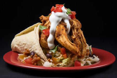 a whole chili pepper lying on top of a chicken taco with sour cream, created with generative aiの素材