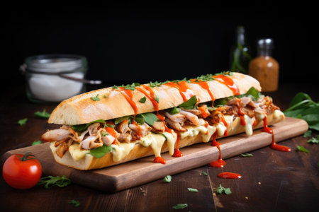 baguette sandwich with sliced pork and spicy mayo, created with generative aiの素材