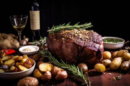 beef roast, garlic, and rosemary arranged on a kitchen table, created with generative aiの素材