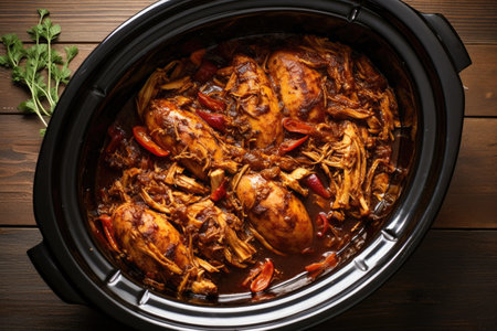 overhead view: slow cooker containing bourbon bbq pulled chicken, created with generative aiの素材