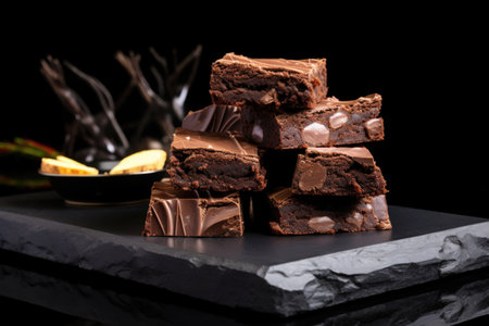 stacks of double chocolate brownies on a black slate serving tray, created with generative aiの素材