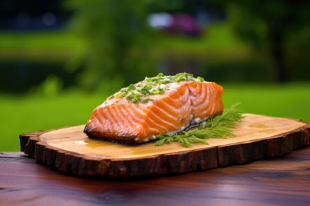 salmon filet on a cedar plank shot against a vivid green outdoor backdrop, created with generative aiの素材