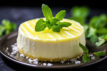 close-up of a lime cheesecake garnished with fresh mint leaves, created with generative aiの素材