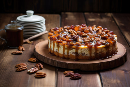 caramel pecan cheesecake on a rustic wooden table, created with generative aiの素材