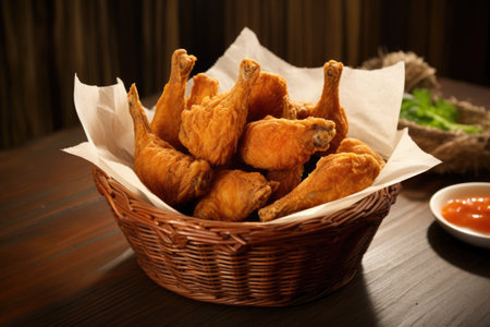 crispy deep-fried chicken wings served in a basket, created with generative aiの素材