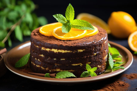 chocolate cake decorated with mint leaves and orange zest, created with generative aiの素材