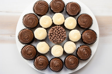 mini chocolate cupcakes arranged in a circle, created with generative aiの素材