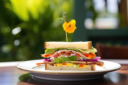 a clubhouse sandwich with a missing bite placed near a flowering plant, created with generative aiの素材