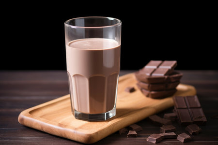 an ice-cold glass of chocolate milk with a milk pitcher, created with generative aiの素材