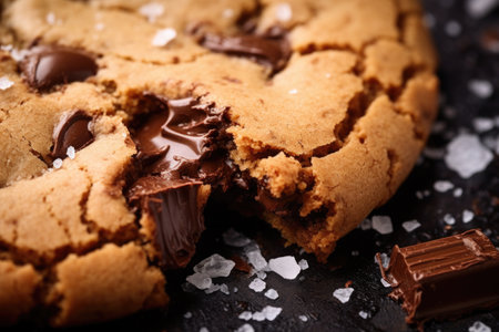 close-up texture shot of a cracked chocolate chip cookie, created with generative aiの素材