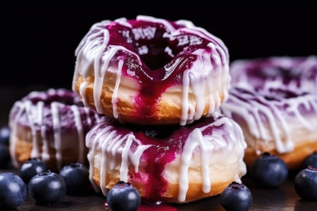 close-up shot of donuts with pearl sugar and blueberry glaze, created with generative aiの素材