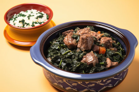 partial bowl of feijoada against a bright, solid background, created with generative aiの素材