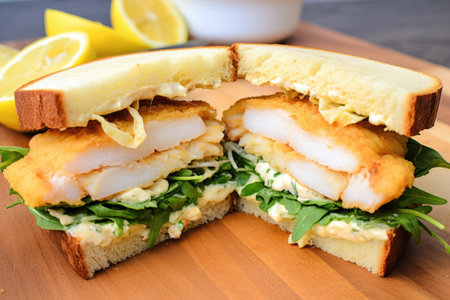 halved fish sandwich showing inner details, created with generative aiの素材