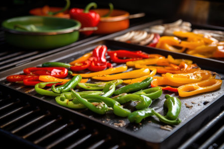 preparing vegetable fajita with peppers on a griddle, created with generative aiの素材