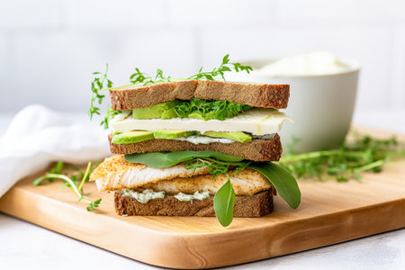 clear shot of a gluten free fish sandwich, created with generative aiの素材