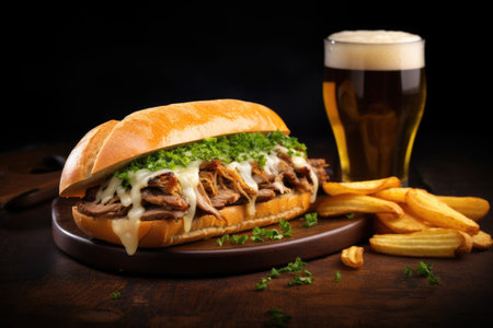 french dip sandwich displayed with a golden lager beer on dark background, created with generative aiの素材