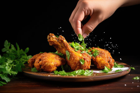 hand garnishing fresh fried chicken with parsley sprigs, created with generative aiの素材