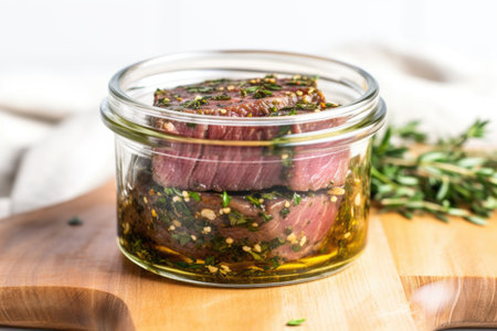 steak marinating with herb rub inside a glass container, created with generative aiの素材