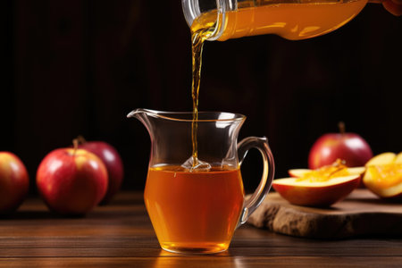mulled cider being poured from a glass jug into a cup, created with generative aiの素材