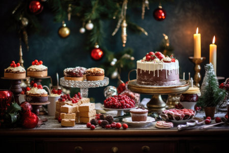 festive dessert spread on a sideboard, created with generative aiの素材