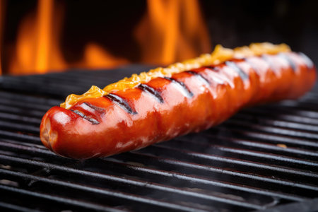 grilled hot dog seen on a barbecue grill, created with generative aiの素材