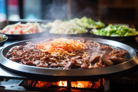 close-up cooking bulgogi at a korean bbq, created with generative aiの素材