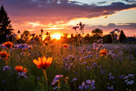 meadow filled with wildflowers during solstice, created with generative aiの素材