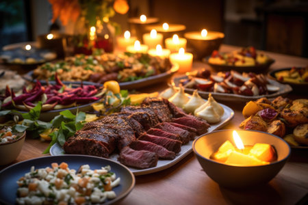 close-up of solstice feast with regional dishes, created with generative aiの素材