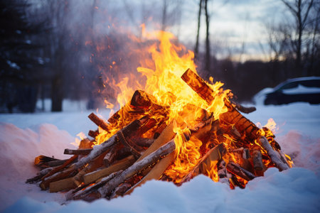 logs catching fire in a snow-surrounded bonfire, created with generative aiの素材