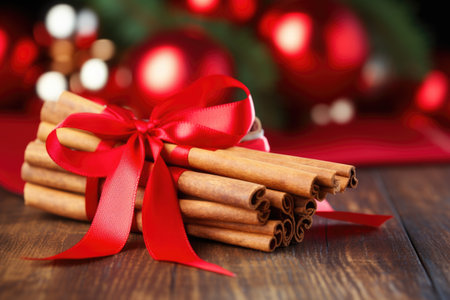 cinnamon sticks bundled with red ribbon, created with generative aiの素材