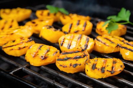 grilled plantains on a bbq, brushed with mango sauce, created with generative aiの素材