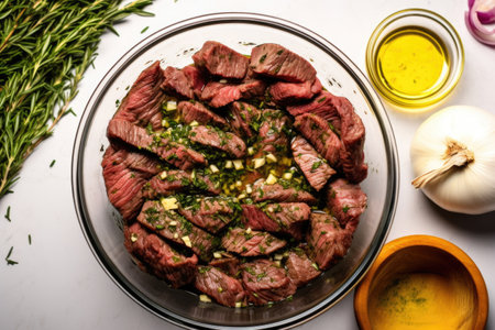 skirt steak marinated in bowl with garlic and herbs, created with generative aiの素材