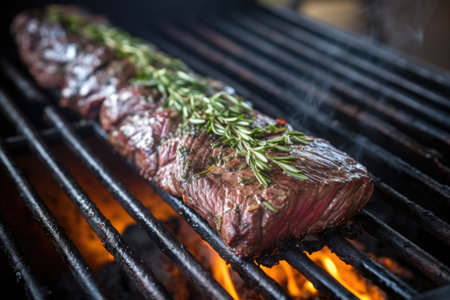skirt steak being grilled on a charcoal bbq, created with generative aiの素材
