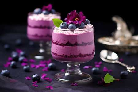 blueberry mousse in a crystal glass with blueberries on top, created with generative aiの素材