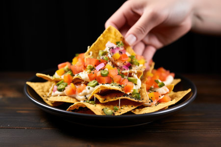 hand holding a plate of shrimp nachos, created with generative aiの素材