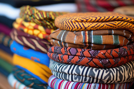 close-up of african-patterned head wraps, created with generative aiの素材