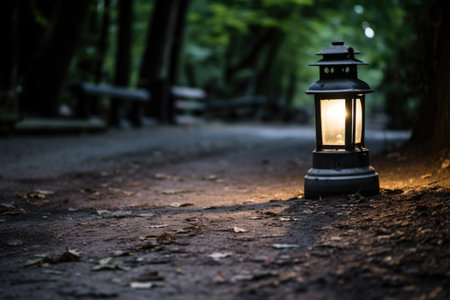 a close-up of a solitary lantern on a pathway, created with generative aiの素材