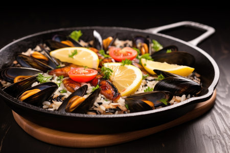 portion of paella with squid ink on a black plate, created with generative aiの素材