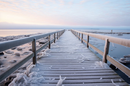frost on a wooden pier extending into sea, created with generative aiの素材